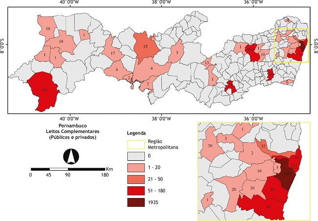 Espacialização do total de leitos complementares* (públicos e privados) nos municípios de Pernambuco.
