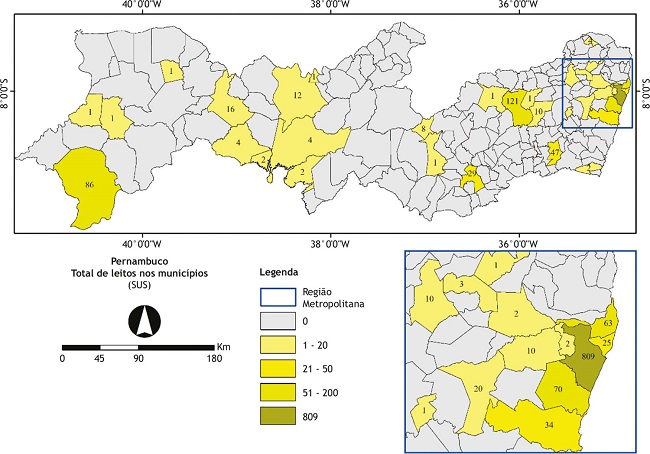 Espacialização de leitos complementares* (pertencentes ao Sistema Único de Saúde) nos municípios de Pernambuco.