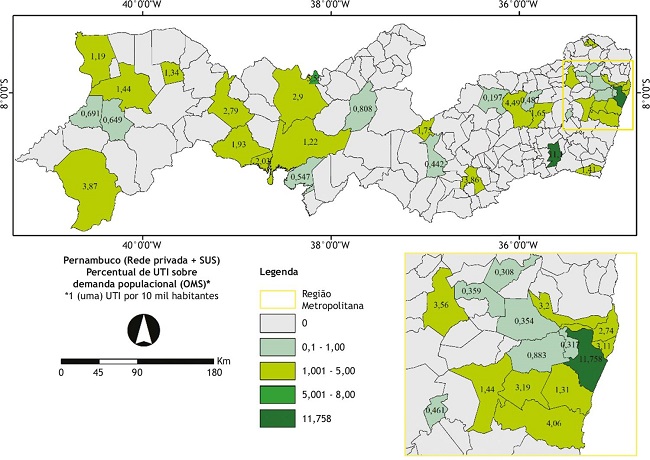 Percentual de unidades de terapia intensiva (rede privada + Sistema Único de Saúde) sobre demanda populacional, segundo a Organização Mundial da Saúde nos municípios de Pernambuco. Os valores abaixo de 1 indicam despreparo da rede municipal.