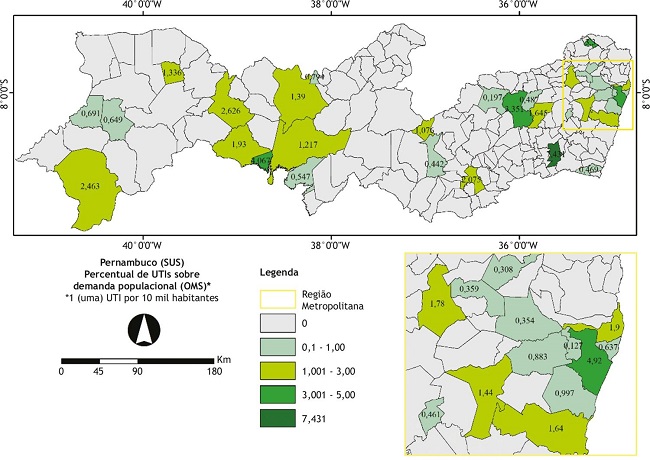 Percentual de unidades de terapia intensiva (apenas Sistema Único de Saúde) sobre demanda populacional, segundo a Organização Mundial da Saúde, nos municípios de Pernambuco. Os valores abaixo de 1 indicam despreparo da rede municipal.