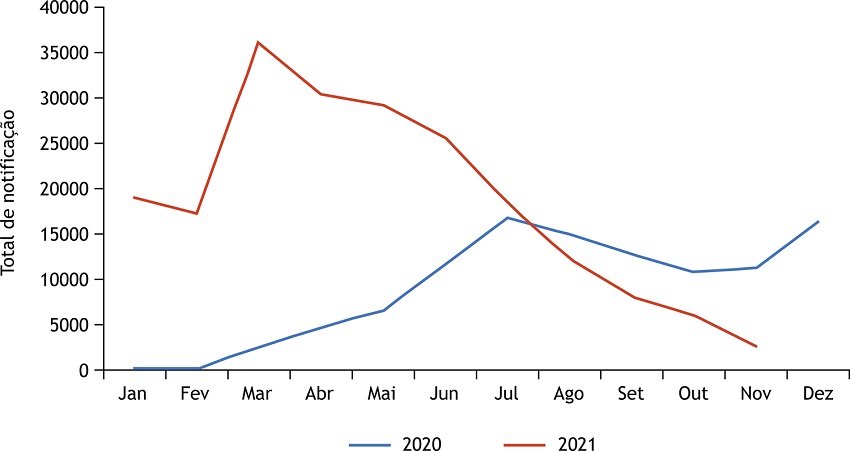 Distribui&ccedil;&atilde;o mensal dos casos notificados de SRAG no estado de Minas Gerais, nos anos de 2020 e 2021.