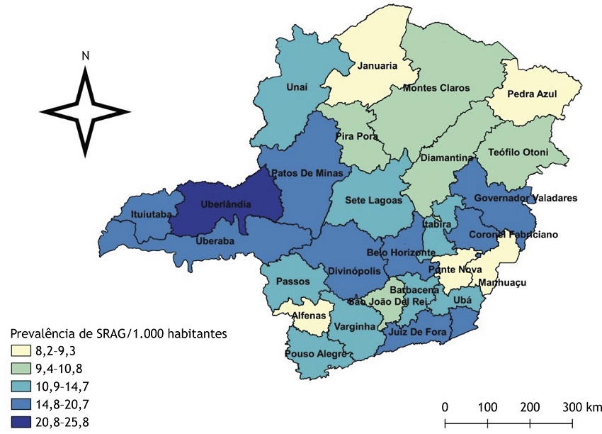 Coeficiente de preval&ecirc;ncia de SRAG por regionais da Secretaria de Estado de Sa&uacute;de de Minas Gerais, 2020 e 2021.