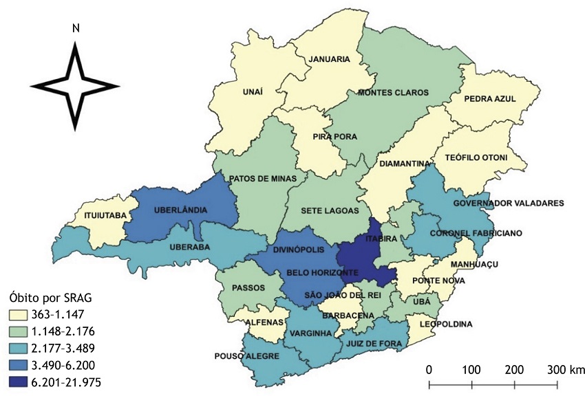 Distribui&ccedil;&atilde;o espacial dos &oacute;bitos por SRAG por Regionais da Secretaria de Estado de Sa&uacute;de de Minas Gerais, 2020 e 2021.