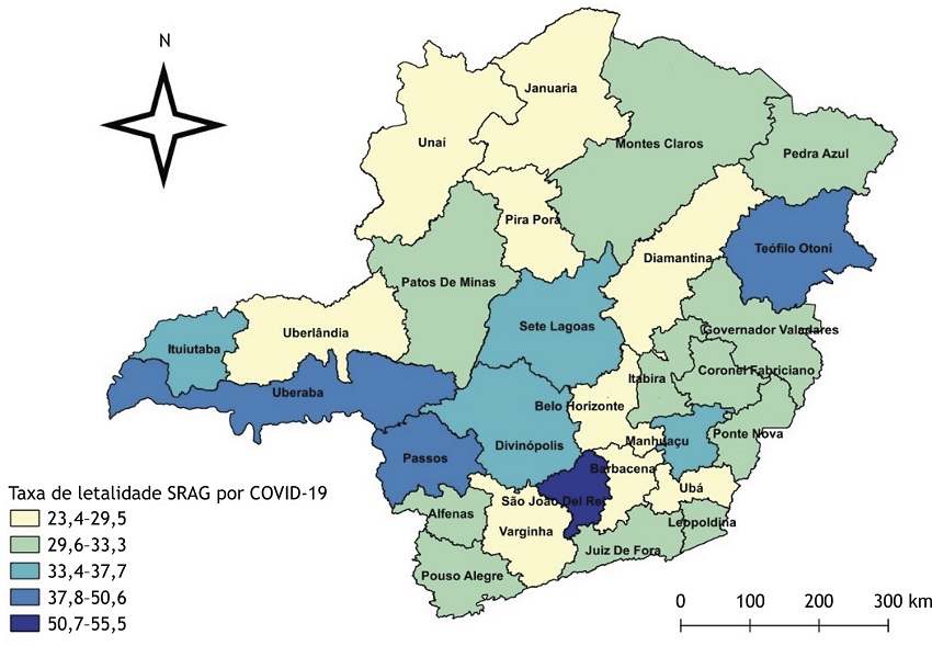 Distribui&ccedil;&atilde;o espacial da taxa de letalidade de SRAG por COVID-19 por Regionais da Secretaria de Estado de Sa&uacute;de de Minas Gerais, 2020 e 2021.