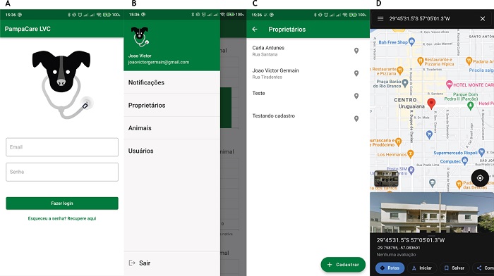 Tela inicial (A), Drawer (B) e se��o &ldquo;Propriet�rios&rdquo; do PampaCare LVC (C e D).