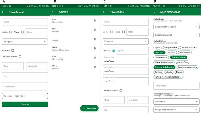 Se��o &ldquo;Animais&rdquo;: Notifica��es (A); Cadastro (B, C); Sinais Cl�nicos (D).