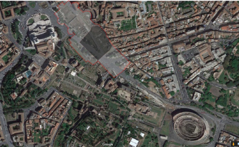 Figure 1. Footprints of the Imperial Fora on the existing urban fabric. The footprint of the Forum of Augustus is highlighted in darker color
