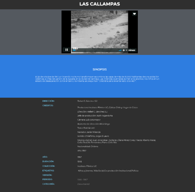 Pgina de reproduccin de Las callampas (1957) en el Archivo Flmico PUC