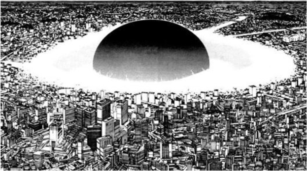 Destrucción de Neo-Tokio, como se observa en el manga Akira (1982-1990) de Katsuhiro Otomo