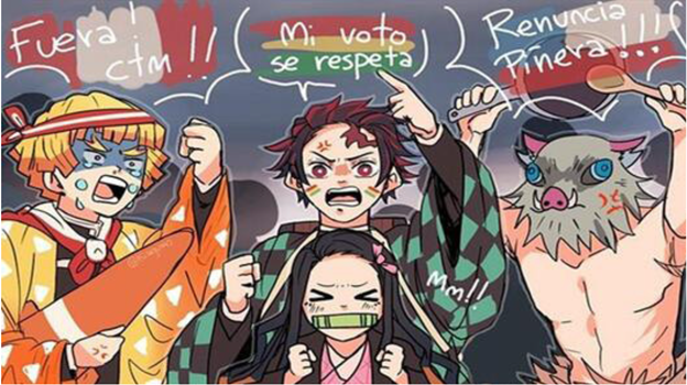 Ilustración de los personajes de Kimetsu no Yaiba apoyando las movilizaciones de Perú (Zenitsu), Bolivia (hermanos Kamado) y Chile (Inosuke)