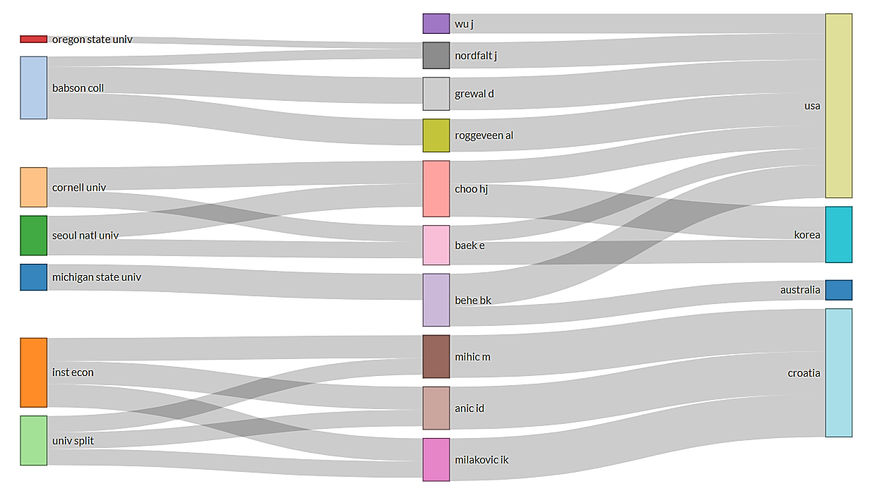 Relationship between authors by affiliations and countries.