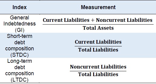 Capital structure and debt indicators used in the analysis.