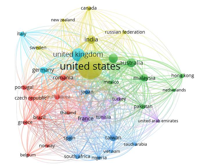 Network among the most cited countries on the topic