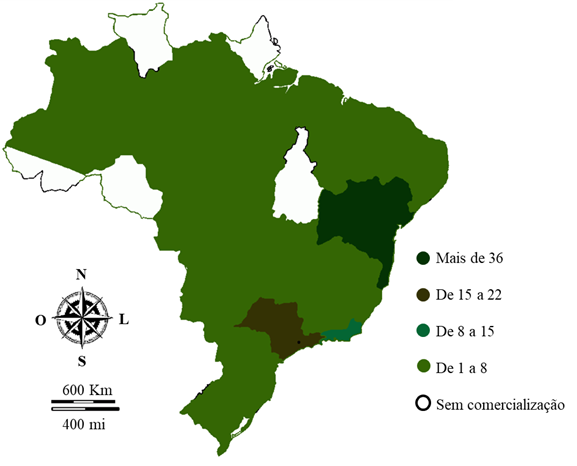 &ndash; N&uacute;meros de pontos de venda ou revenda de chocolate do sul da Bahia no Brasil julho de 2018