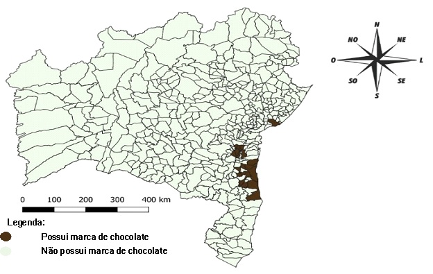 Mapa da localiza&ccedil;&atilde;o das marcas de chocolate no sul da Bahia, julho de 2018
