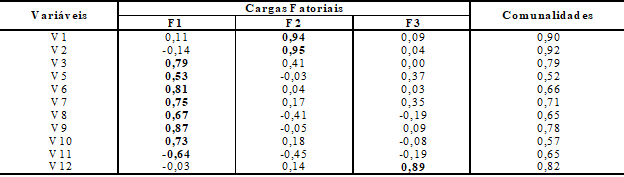 Cargas fatoriais ap&oacute;s a rota&ccedil;&atilde;o ortogonal e comunalidades, obtidas na An&aacute;lise Fatorial