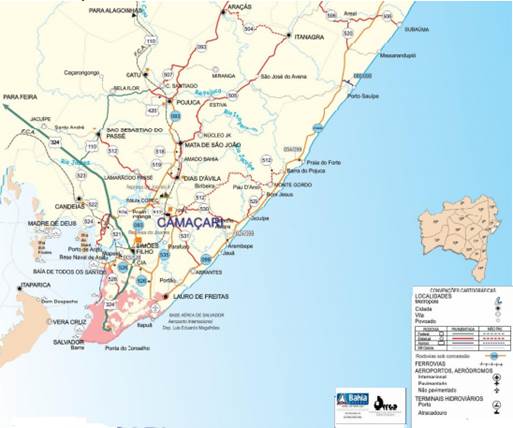&ndash; Mapa Vi&aacute;rio da Resid&ecirc;ncia de Manuten&ccedil;&atilde;o 56 Cama&ccedil;ari com destaque para a malha vi&aacute;ria dos munic&iacute;pios da RMS