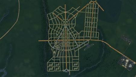– Vista superior do traçado da cidade de Goiânia no Plano original de Attilio Corrêa Lima desenhado no software Cities Skyline