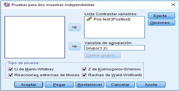 cuadro de secuencia de estadísticos no paramétricas para 2 muestras autónomas
