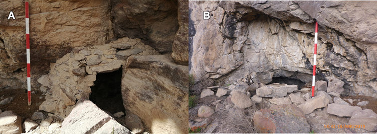 Vista oeste &ndash;este del ambiente 1 (A) y 2 (B) en el sitio arqueol&oacute;gico Pushkanawasi.