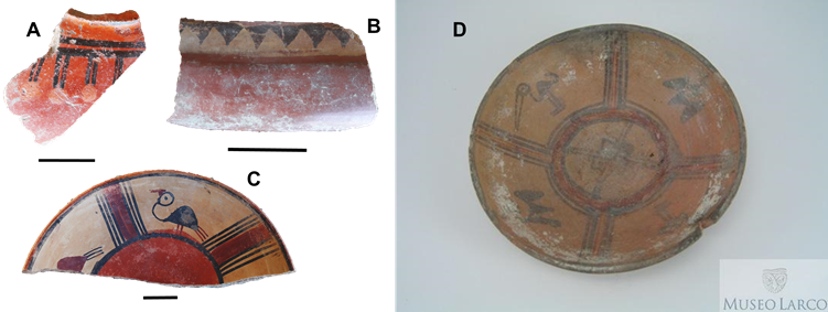 Fragmentos de cer&aacute;mica con los dise&ntilde;os de &ldquo;helechos&rdquo; (A), l&iacute;nea zigzagueante (B), aves (C) caracter&iacute;sticos de la fase Inca Imperial. La figura D es un plato (ML039830) con estilo Inca, proveniente de la costa sur (ML, 2010). La escala corresponde a 2 cm.