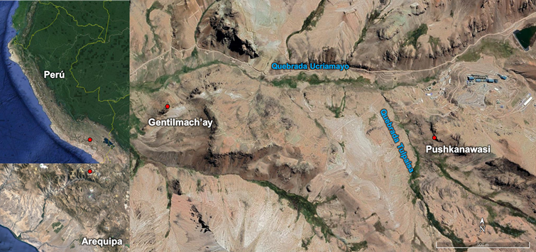 Ubicaci&oacute;n de los sitios arqueol&oacute;gicos Gentilmach&rsquo;ay y Pushkanawasi