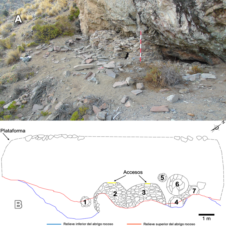 Vista de oeste a este del sitio arqueol&oacute;gico Gentilmach&rsquo;ay (A) y el registro de planta sus ambientes (B).