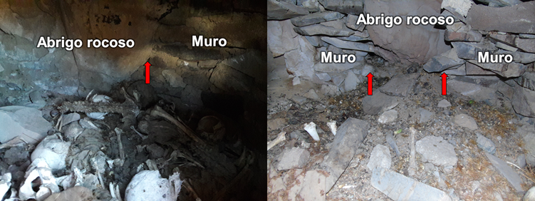 Vistas en el interior de los ambientes 2 (izquierda) y 3 (derecha), donde se observa la adaptaci&oacute;n del abrigo rocoso para la construcci&oacute;n de las estructuras.