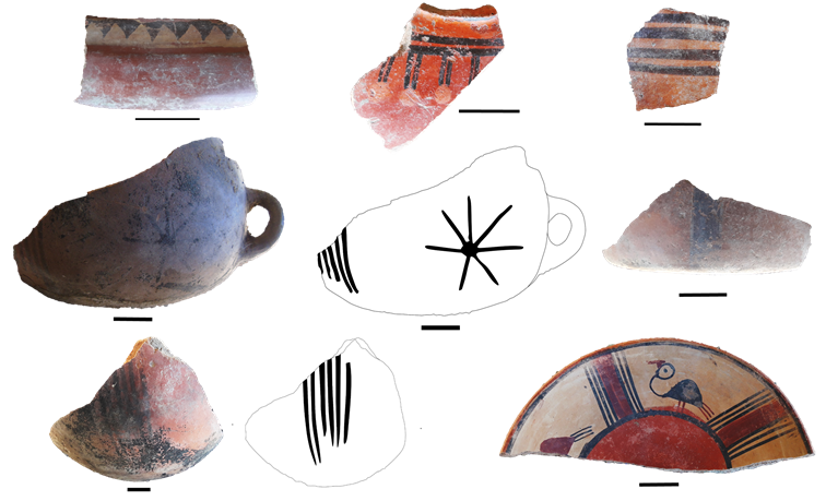 Fragmentos de cer&aacute;mica registrados en el sitio Gentilmach&rsquo;ay y es posible asociar sus colores y la forma de los dise&ntilde;os con el estilo Inca. La escala corresponde a 2 cm.