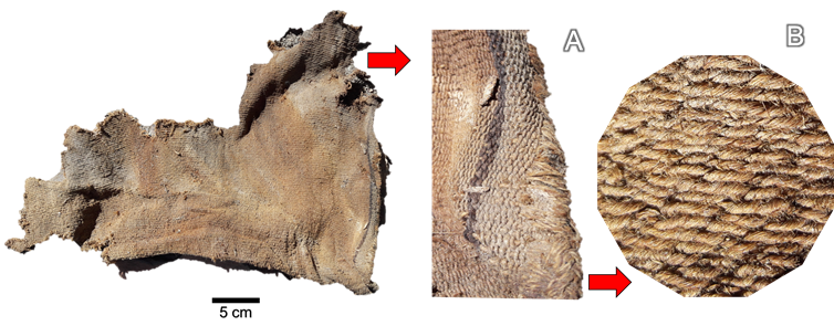 Restos de textil registrado en el sitio arqueol&oacute;gico Gentilmach&rsquo;ay. A: Decoraci&oacute;n lineal con otra tonalidad en el extremo del textil y B: Tramado en del textil registrado elaborado con fibra animal (cam&eacute;lido).