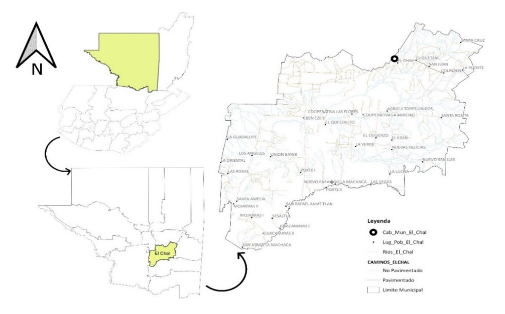 Mapa de ubicación del Municipio El Chal, Petén y del área del estudio