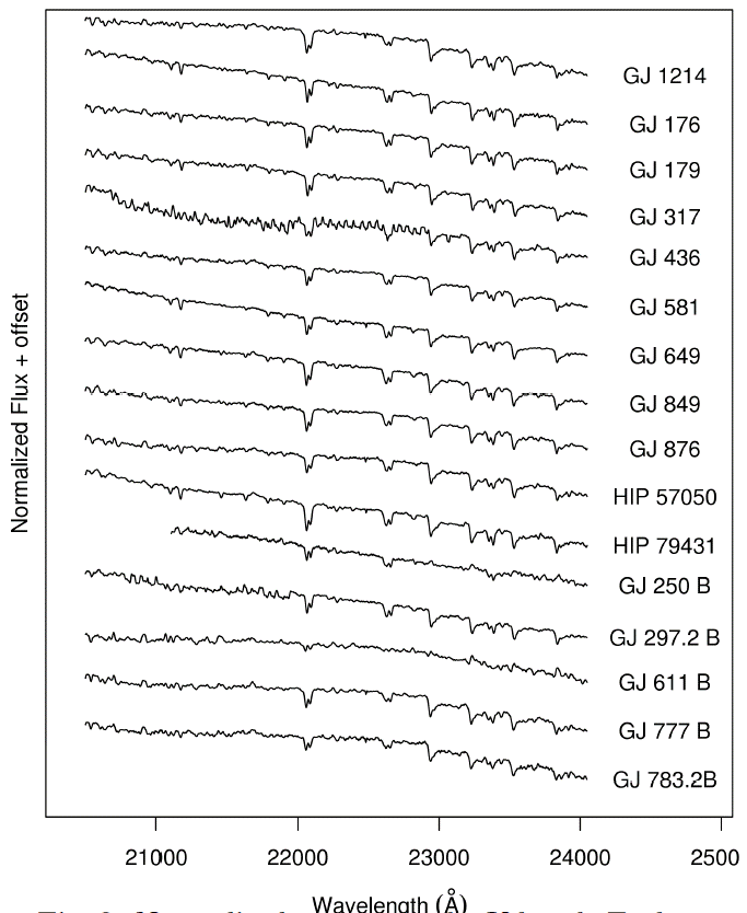 Normalised spectra in the K band. Each spectrum has been normalised
							by its mean flux between 2.05 and 2.405 μm and arbitrarily
							shifted.