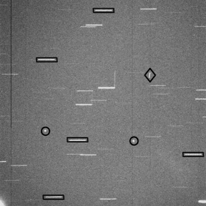 Example of an astrometric observations performed in the window λ=77◦W
							and δ=0◦ during the night of January, 14th 2016 with an exposure time of
							10s. Black rectangles enclose some stars used as part of the astrometric
							reference frame. Black circles indicates the satellites EchoStar1 and
							QuetzSat1 placed inside the GEO ring. Black diamonds indicate other
							satellites or SD crossing the FOV producing trails in any
							direction.