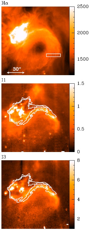 Hα (top) and IRAC I1 (center) and I2 (bottom) channel maps of a region around HH 2. The angular scale of the maps is shown in the top frame. The three frames are shown with the linear color scales to the right of each frame (the Hα frame is uncalibrated, and the scales of the IRAC frames are given in mJY sterad−1). On the IRAC frames we have plotted two contours of the Hα emission, in order to show that the Hα emission of the “rim” has an offset of ≈10′′ to the N of the IR ridge. On the top frame we show a box that encloses part of the wave-like structure observed in the SW region of the “hill”. The color figure can be viewed online.