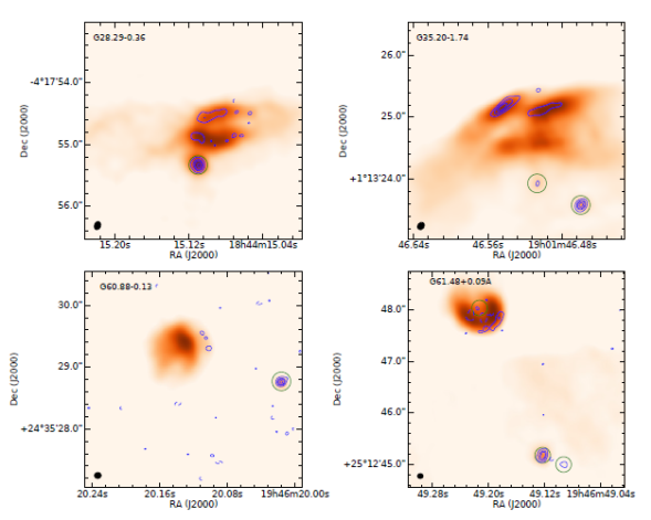 Continuum 7 mm emission maps of the observed regions listed in Table 1 constructed with all the visibilities (color scale) with the maps constructed with baselines longer than 515 k_ superimposed (contours). For the contours, levels are -3, 3, 7, 10, and 15 times the rms noise level shown in Column 6 of Table 2. The color-scale maps are smoothed to an angular resolution of 0.200 to improve the appearance. The green circles indicate the location of the CRS reported in Table 3. The synthesized beam of the maps without short spacings is shown in the bottom right corner. The colorfigure can be viewed online.