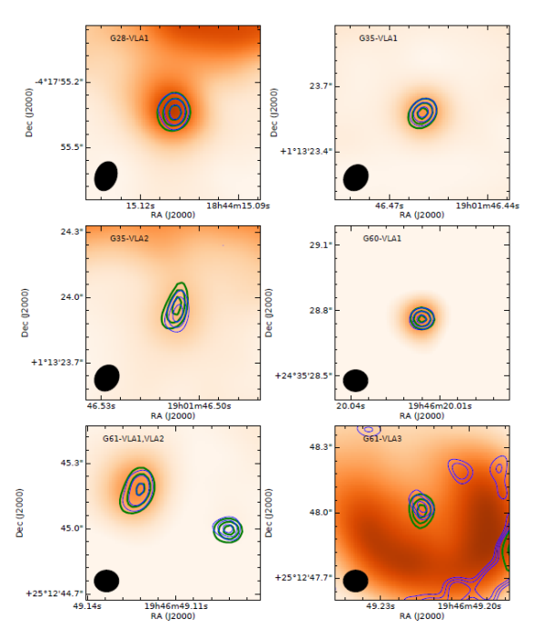 Zooms on the CRS indicated by green circles in Figure 1. The color scale represents the 7 mm maps constructed with all the visibilities; the blue contours represent the levels corresponding to 50%, 70% and 90% of the brightness peak of the CRS, and the green contours represent the same, but for the 1.3 cm continuum emission. The maps shown with a color scale are the same as those shown in Figure 1 (i.e. smoothed to an angular resolution of 0.200) but with a modified range. Both maps shown with contours have been convolved to the same synthesized beam, which is shown in the bottom left corner. The color figure can be viewed online.