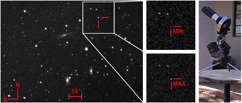 Composite image of the Leo Triplet (exposure 58×15sec) obtained during the night 22/23 February 2012 (on the left), selected area on individual images with the variable star at minimum brightness (time 23:13:29 UTC - top centre) and at maximum brightness (time 23:17:30 UTC - bottom centre), and Malokuk telescope (on the right). The color figure can be viewed online.
