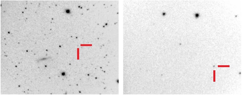 Flare star CzeV502 in quiescent state on digitized Sonneberg Sky Patrol plate (left) and Sonneberg Astrograph Plate (right). The color figure can be viewed online.