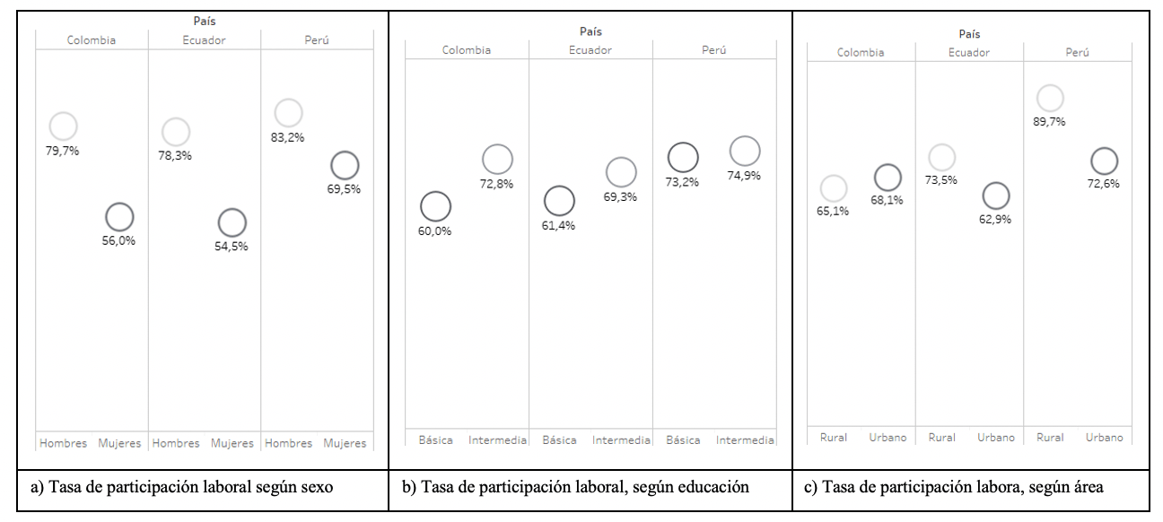 Tasa de participación laboral de países vecinos según sexo educación y área 2019