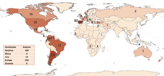 Distribui��o mundial dos 584 primeiros autores estrangeiros que publicaram em peri�dicos brasileiros