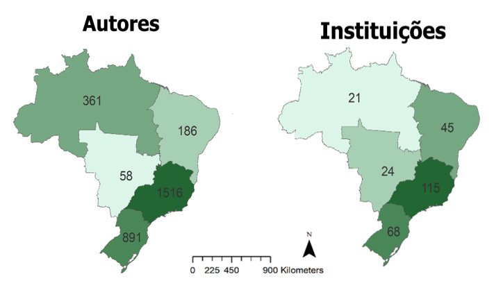 N�mero dos primeiros autores e institui��es a que est�o vinculados, encontrados nos3.014 artigos analisados entre 1994 e 2018, distribu�dos nas cinco regi�es brasileiras (Sul, Sudeste, Centro-Oeste, Nordeste e Norte)