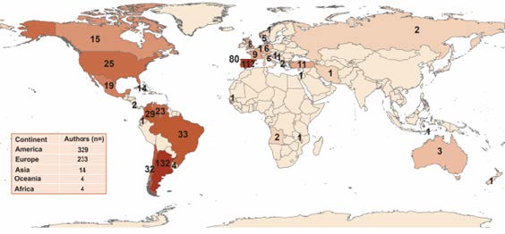 Worldwide distribution of the 584 first foreign authors who published in Brazilian journals on science and mathematics education from 1994 to 2018