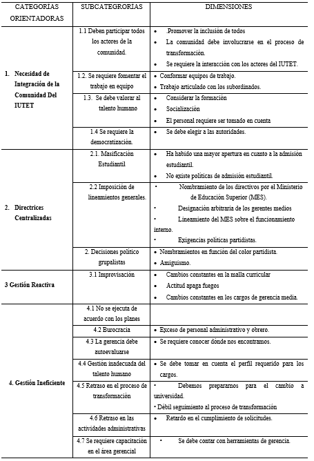 Resumen de las categorías orientadoras, subcategorías y dimensiones