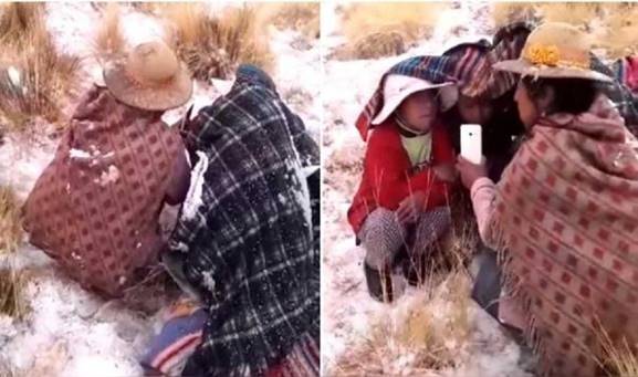 Niños de la comunidad de Tumuyo reciben clases virtuales en el cerro, en plena granizada