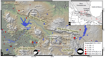 a) Mapa
sismotectonico del graben de Acambay (modificado de Lacan et al., 2013a). b)
Localizacion del graben de Acambay en el contexto geodinamico del contacto de
placas en Mexico. SFTTA: Sistema de fallas Temascalcingo-Tepuxtepec-Acambaro.