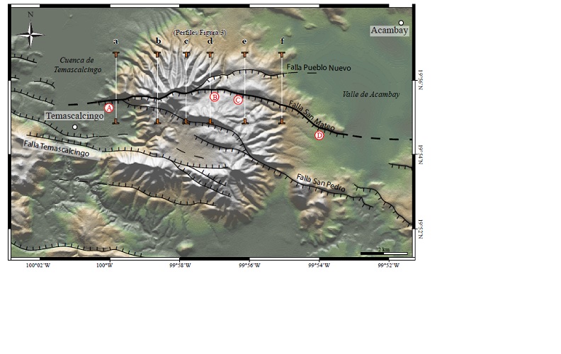 Mapa
morfotectonico del volcan Temascalcingo. Las letras a-f minuculas representan
la localizacion de los perfiles topograficos que se detallan en la Figura 3.
Las letras A-D en rojo representan a los sitios que se detallan en la Figura 4.