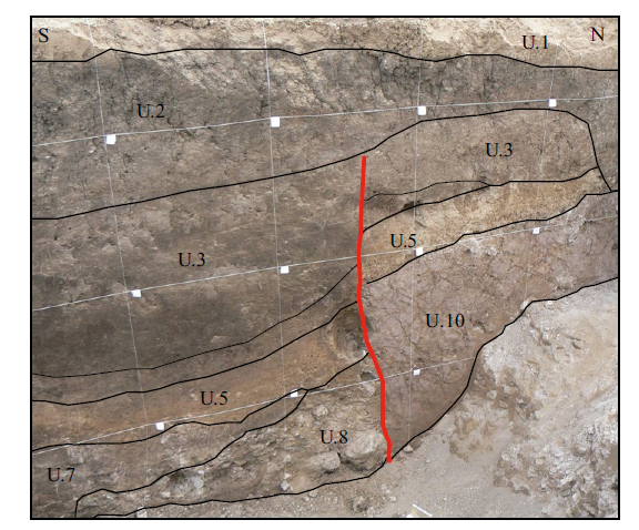 Fotografia
de la traza de la falla San Mateo en la trinchera Lechuguilla II (Pared oeste).