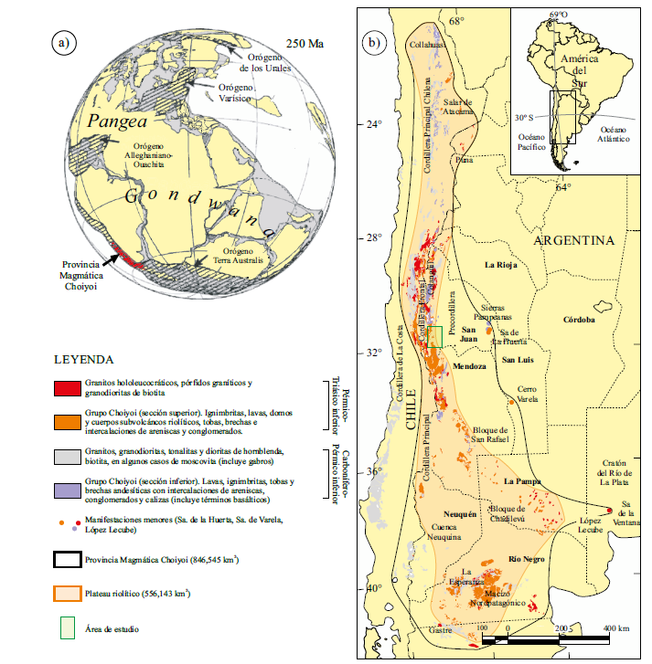 Provincia Magmatica Choiyoi.
a) Reconstruccion de Pangea hacia los 250 Ma mostrando la posicion de los
orogenos Alleghaniano-Ouachita, Varisico, de los Urales y Terra Australis
(modificado de Cawood y Buchan, 2007). En rojo se marca la ubicacion de la
provincia magmatica Choiyoi. b) Mapa de afloramientos de la provincia Choiyoi,
basado en el Mapa geologico de la Republica Argentina (1996), Mapa geologico de
Chile (2003), y complementado con informacion contenida en las hojas geologicas
publicadas y en edicion a escala 1: 250.000 del Programa Nacional de Cartas
Geologicas de la Republica Argentina del SEGEMAR.