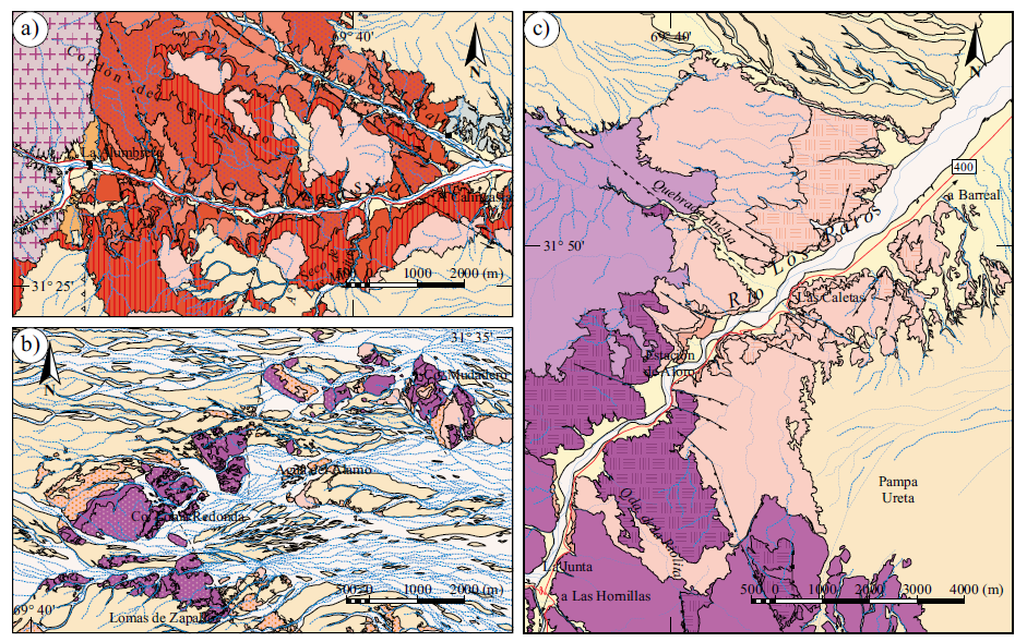 Mapas geologicos de las areas de a) La Alumbrera,
b) cerro Mudadero, y c) Las Caletas. Ver la leyenda en la siguiente pagina.