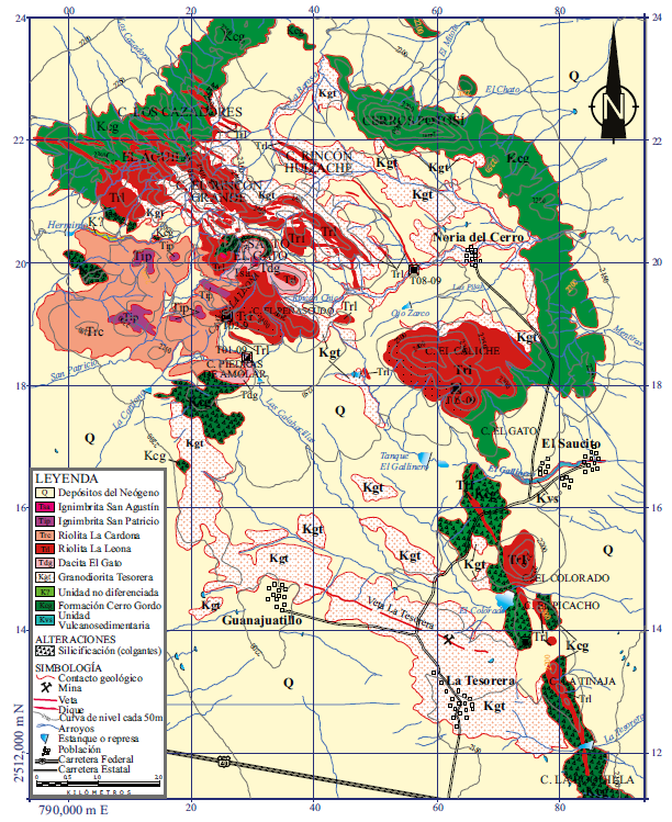 Mapa geológico del Complejo Ígneo La Tesorera. El área se localiza en el cuadrante 13Q; coordenadas UTM, WGS84.